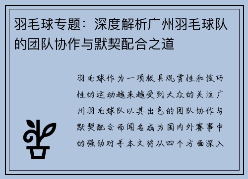 羽毛球专题：深度解析广州羽毛球队的团队协作与默契配合之道
