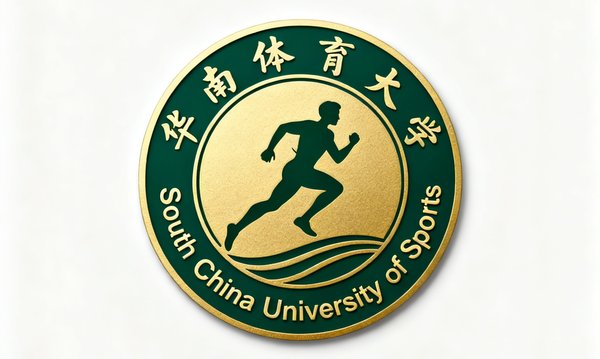 华南体育大学圆形校徽，以奔跑的运动员剪影为核心图案，外围环绕中英文校名，主色调为深绿与金色